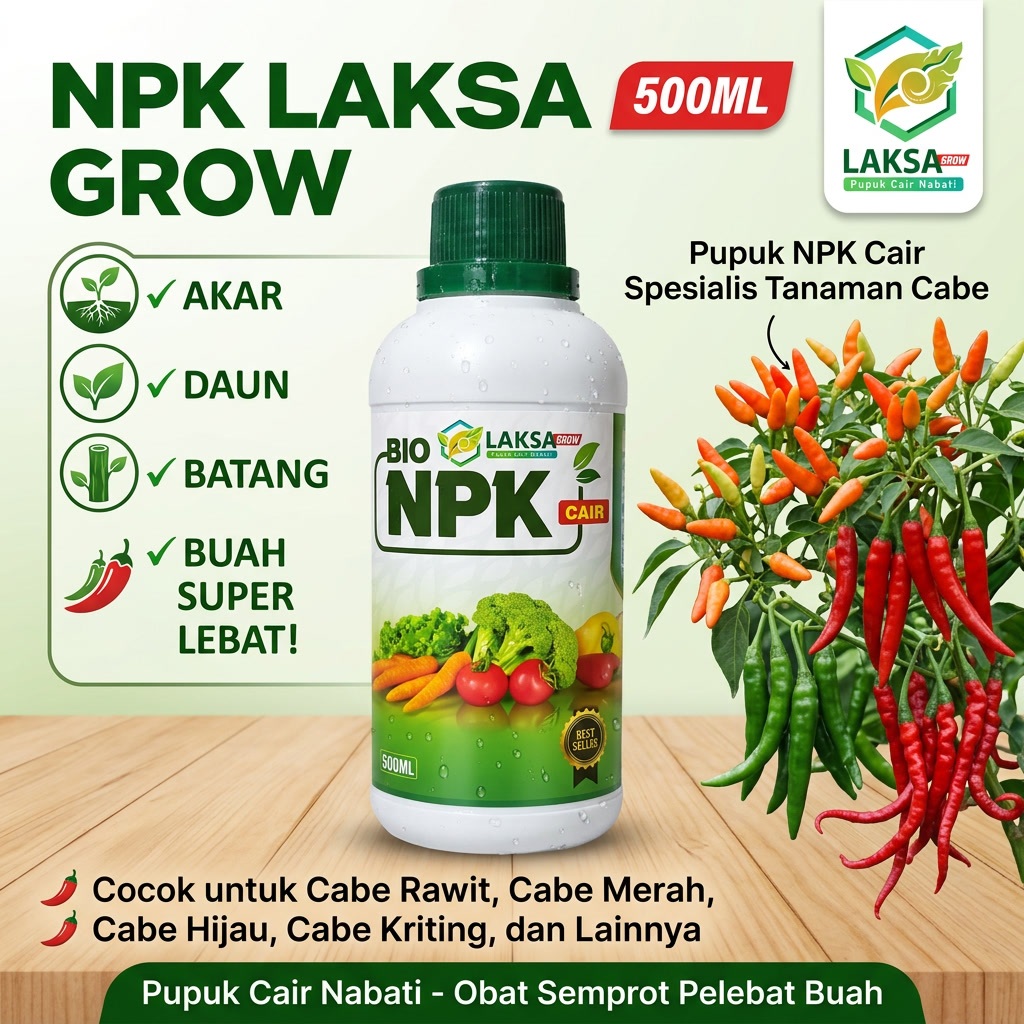 Pupuk Penyubur Akar Daun Batang dan Buah Cabe Super Lebat NPK LAKSA GROW 500ML Pupuk NPK Cair untuk 