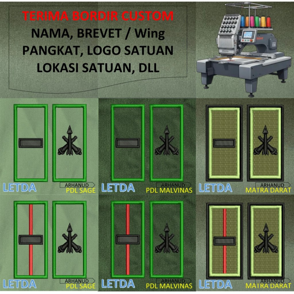 PATCH BORDIR brevet TNI TANDA PANGKAT PERWIRA PDH PDL TNI AD MALVINAS SAGE MATRA DARAT KOSTRAD EMBRO