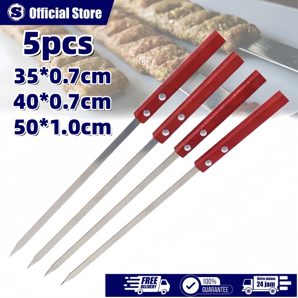 5 Tusuk Sate Stainless Steel 35cm/40cm/50cm Gagang Kayu Alat BBQ Kebab Outdoor Dapat Digunakan Kemba