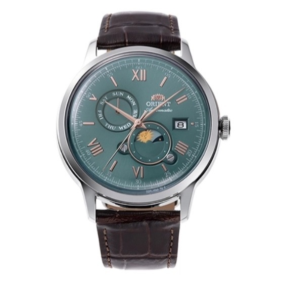 Jam Tangan Pria Orient Bambino Automatic RA-AK0805E  Sun & Moon Green Dial Original Garansi Resmi