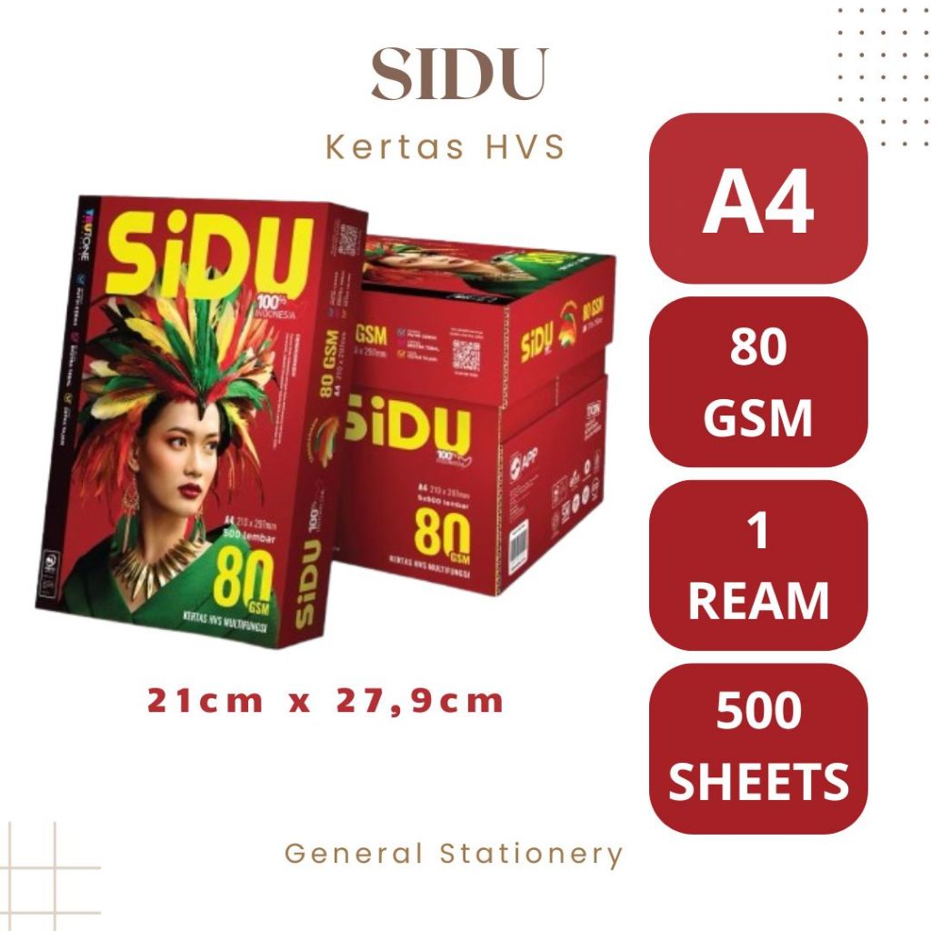 Sidu Paper HVS A4 80 Gsm / Hvs Kertas FotoCopy Sinar Dunia A4 80 Gsm / 1 Rim