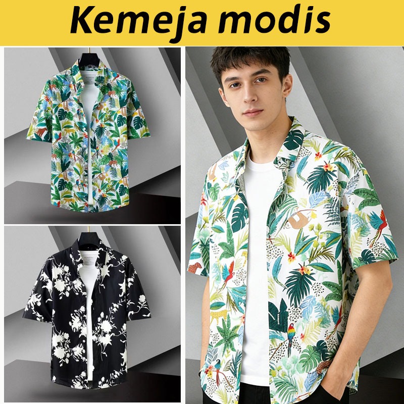 Kemeja pria Kemeja pria gaya korea Kemeja lengan pendek pria Kemeja motif bunga Kriapencetakan
