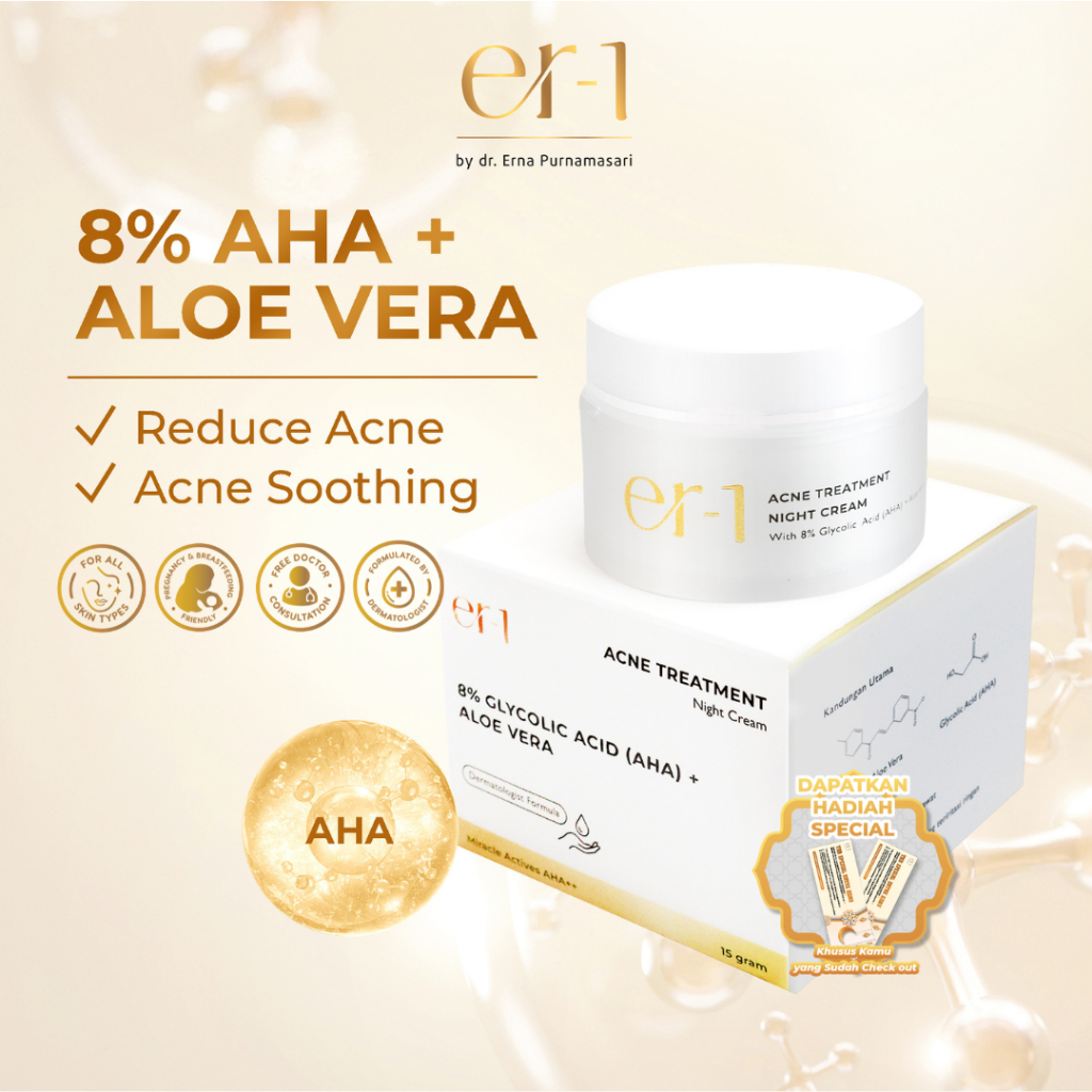 er-1 by dr. Erna Acne Treatment Night Cream with 8% Glycolic Acid (AHA) + Aloe Vera - Krim Malam Ski