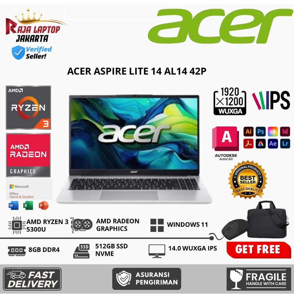 LAPTOP SLIM ACER ASPIRE LITE AL14-42P RYZEN 3 5300U RAM 8GB 512GB SSD 14.0 WUXGA IPS WIN11