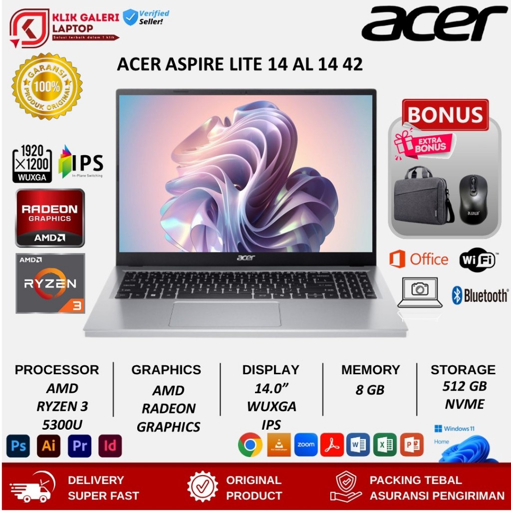 ACER Aspire Lite AL14-42P Ryzen 3 5300 8G RAM 512GB SSD 8GB WUXGA IPS Windows11+OHS Original