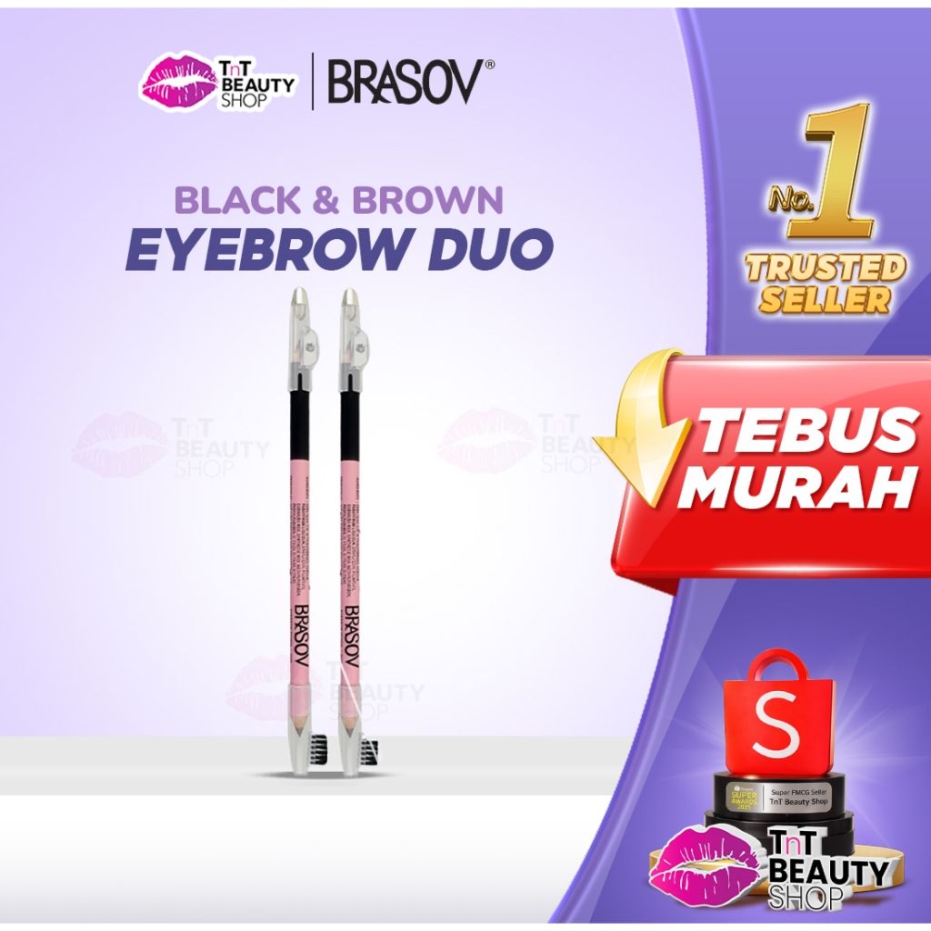 BRASOV Eyebrow Pensil Alis Duo Dengan Sikat Peraut Eyebrow Pencil Black & Brown | TnT Beauty Shop