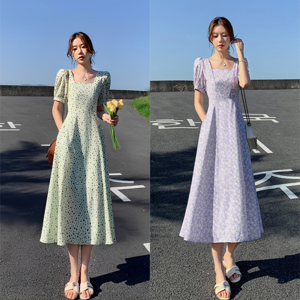 Pengiriman 24 Jam 2023 Baru Korea Midi Renda Boneka Kerah Gaun Bunga Slim