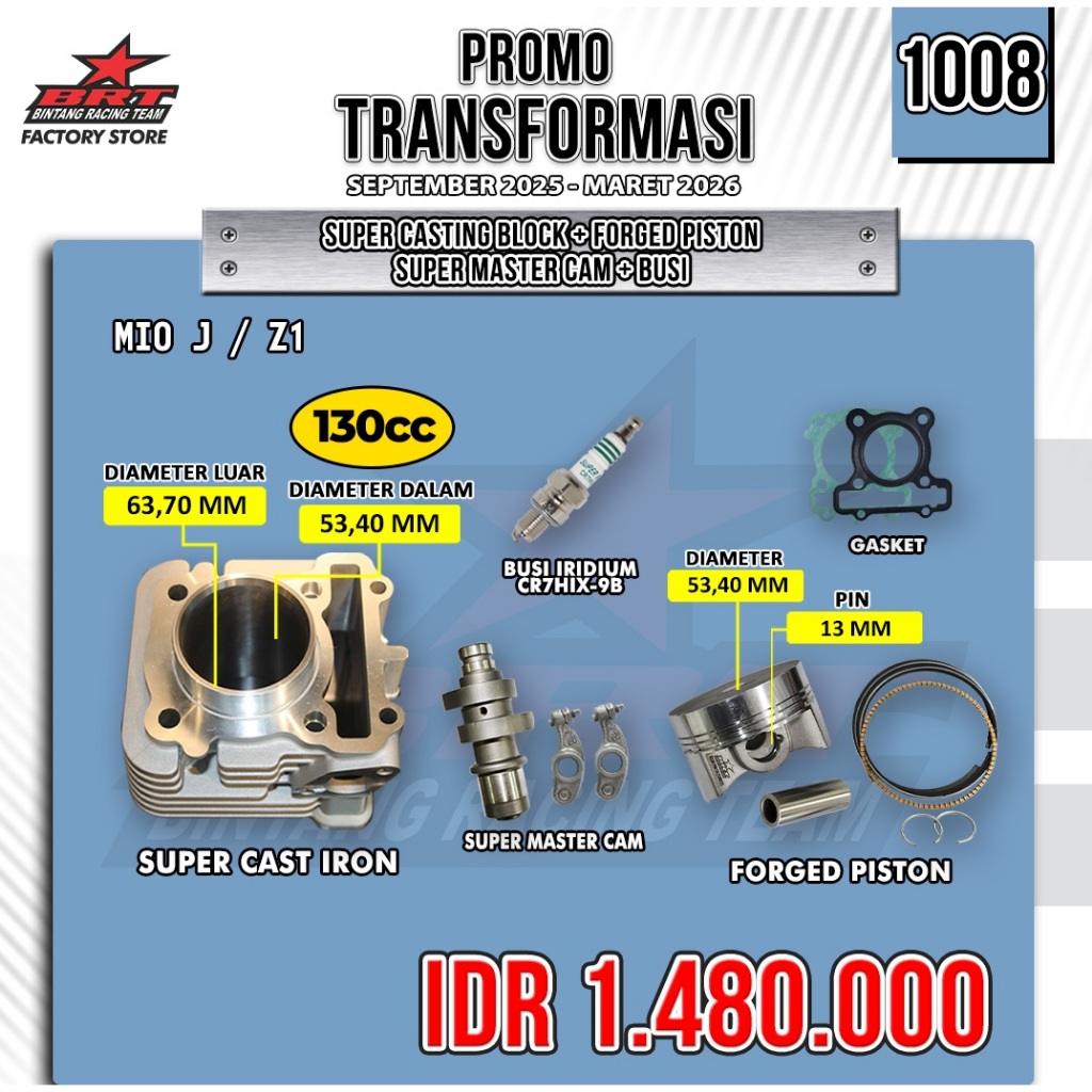 PROMO 1009 BRT PAKET BORE UP 130CC BLOK SEHER BLOK PISTON CAST IRON MIO J / X RIDE / FINO