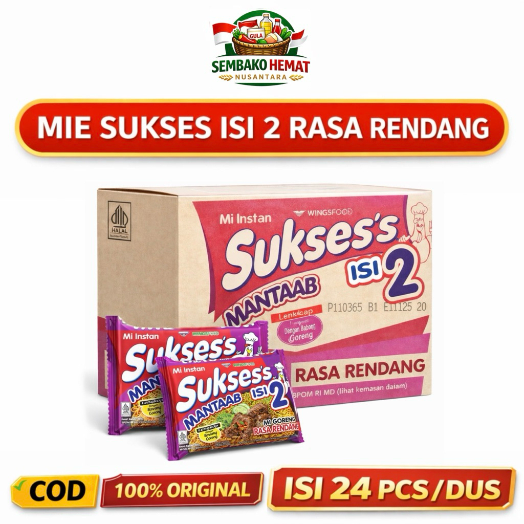 Mie Sukses Isi 2 Rasa Rendang 1 Dus Isi 24 PCS | Mie Instan Wings Sukses Mantap | Mi Goreng Rendang 