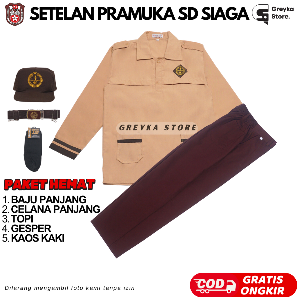 Set Seragam Pramuka Siaga SD Laki-Laki Lengan Panjang Celana Panjang Dilengkapi Atribut