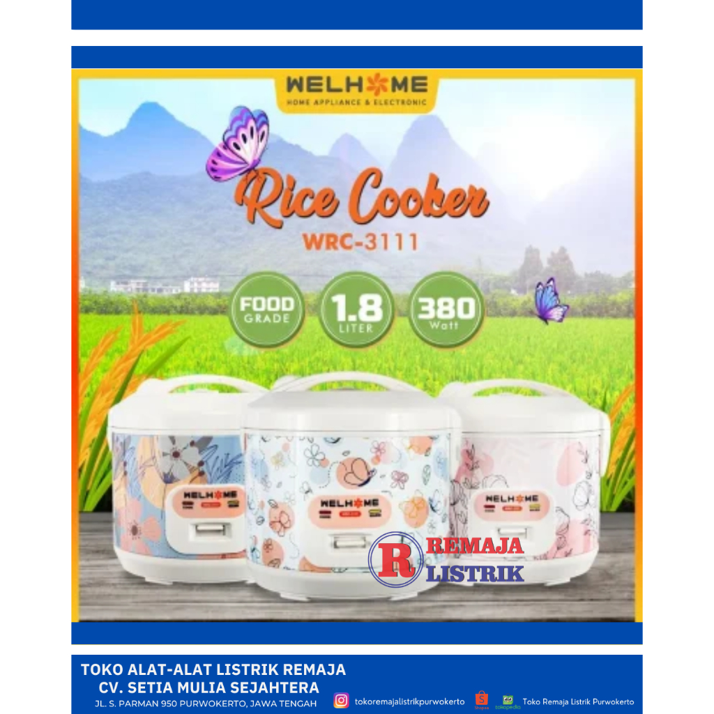 Penanak Nasi Rice Cooker Magic Com 1,8 Liter Anti Lengket BPA Free Welhome WCR - 3111