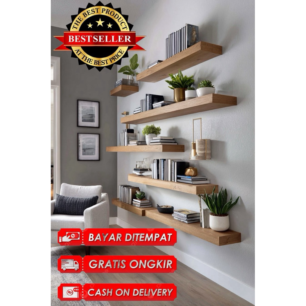 Ambalan Dinding Tebal 4cm Ukuran Lengkap 20cm - 120cm Rak Melayang Minimalis Dekorasi Dinding Kayu S