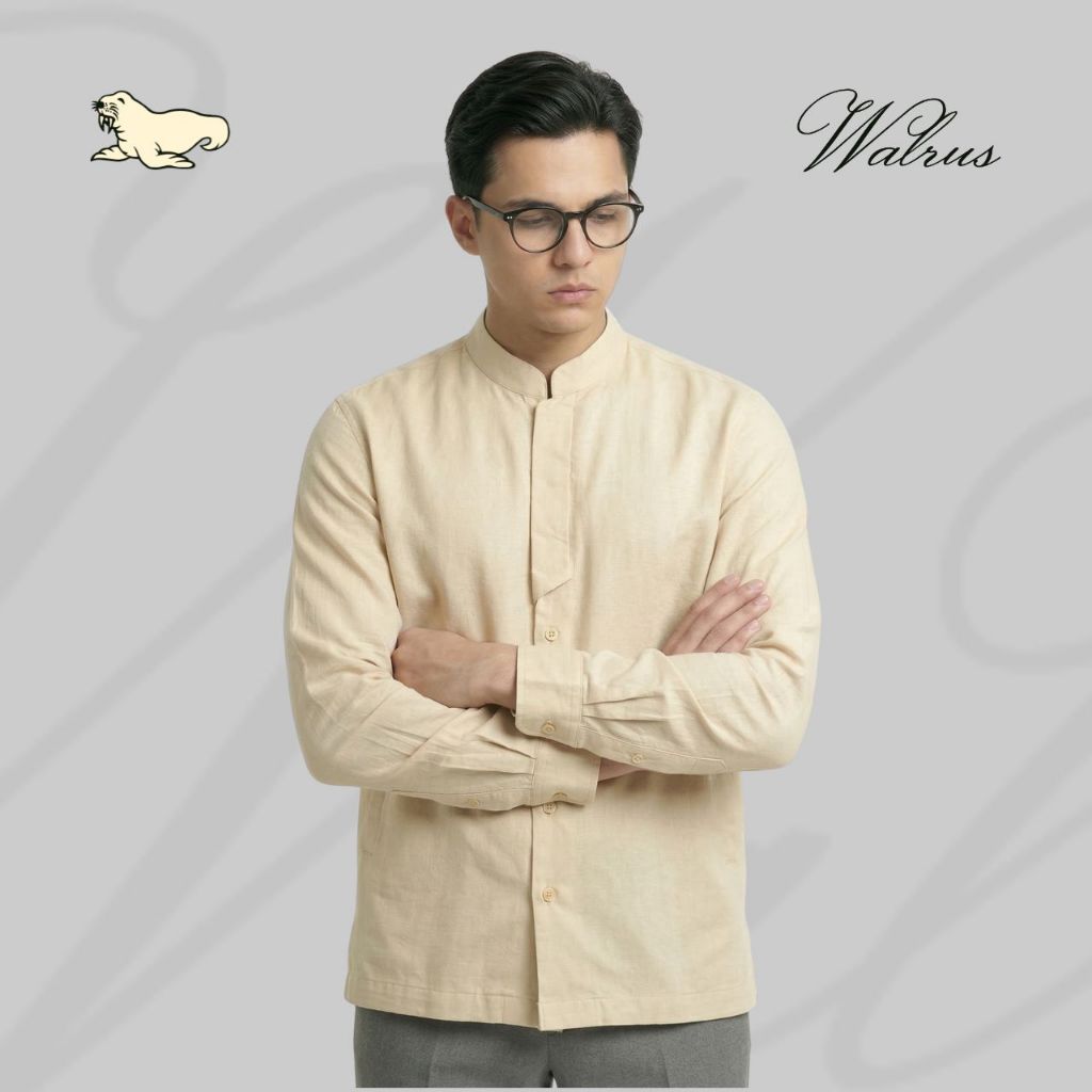 WALRUS Malik Series Baju Koko Pria Lengan Panjang Kemeja Muslim Mandarin Collar Cream XA2228Y