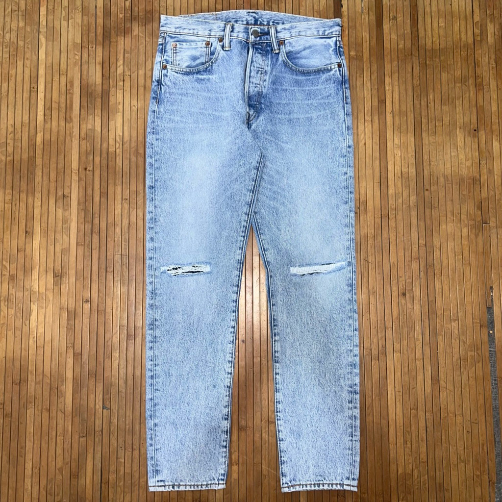 LEVIS 501s SLIM FIT BLUE ACID WASH RIPPED DISTRESSED BUTTON DENIM JEANS