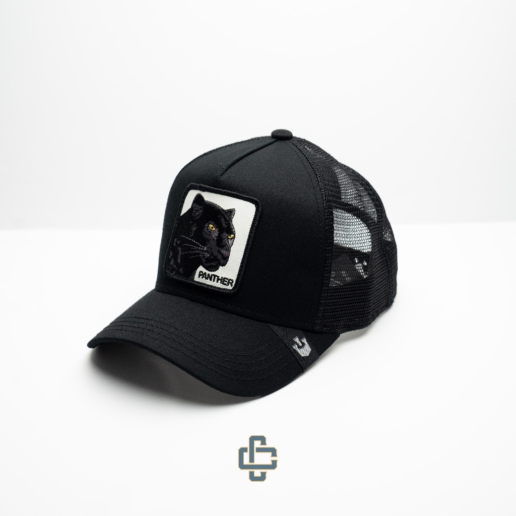 TOPI GOORIN BROS ORIGINAL TRUCKER BLACK PANTHER LOGO BLACK WHITE