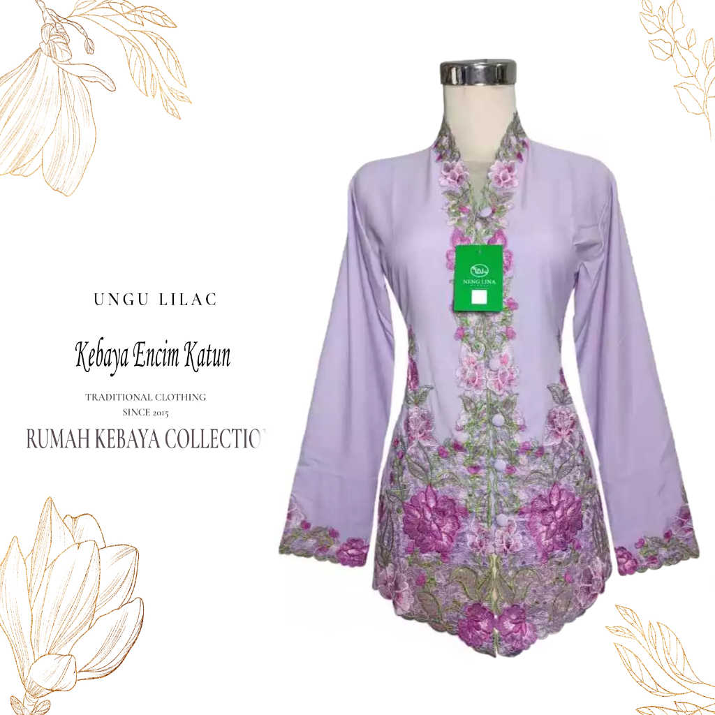 Kebaya Encim Kartini Katun Bordir Modern Ungu Lilac Lengan Panjang Bigsize Jumbo