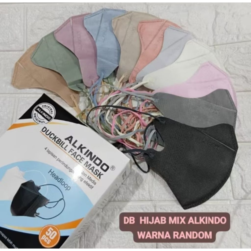 Masker Duckbill Hijab Mix Warna Hitam Putih Alkindo 4 Ply isi 50 Pcs / Masker Duckbill Warna warni