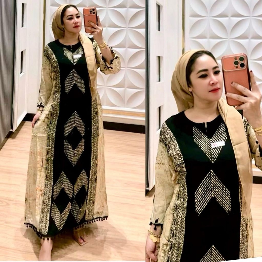gamis dress panjang pom2 motif batik storjoan bahan rayon tuwil