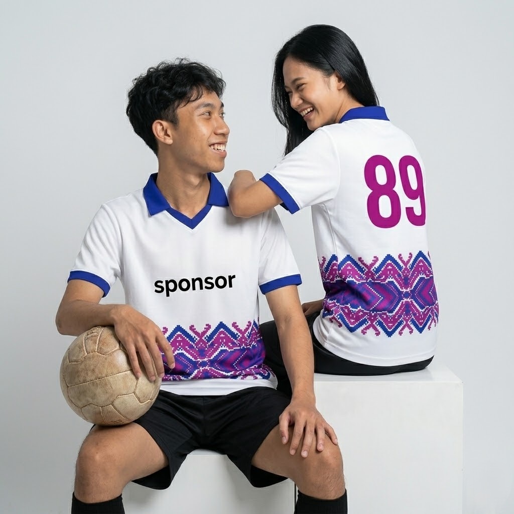 Jersey Suporter Pria Wanita Kerah Polo Casual Baju Bola Fans Club Putih Motif Tenun Etnik