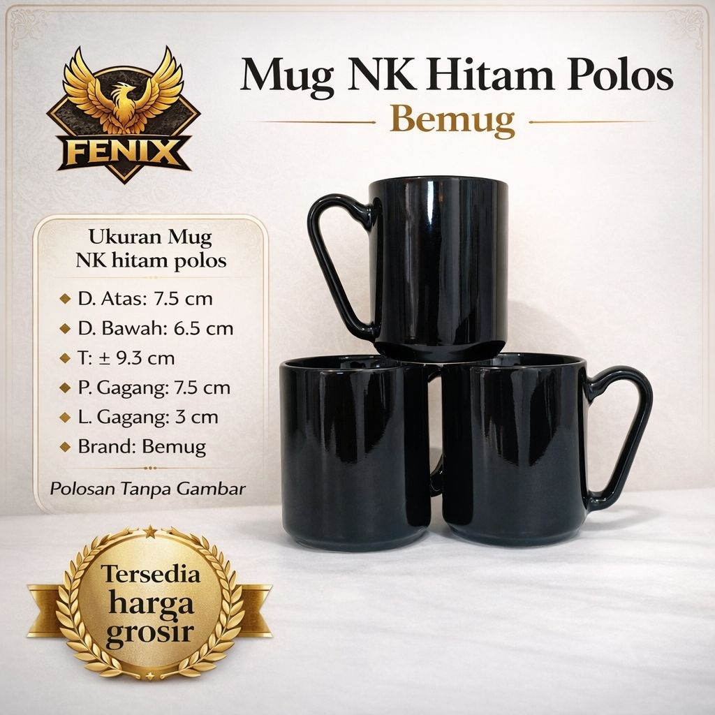 Mug NK Hitam Polos Bemug | Mug Keramik Hitam Glossy Premium | Mug Kopi Teh Cafe 300ml
