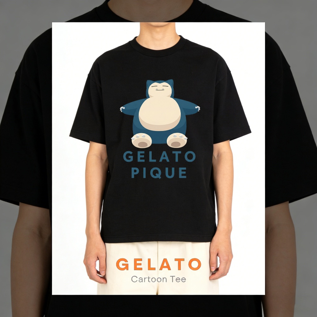 Gelato Pique Official Store Kaos oblong dengan motif kartun Pokemon Snorlax, Kaos Unisex, Kaos Distr