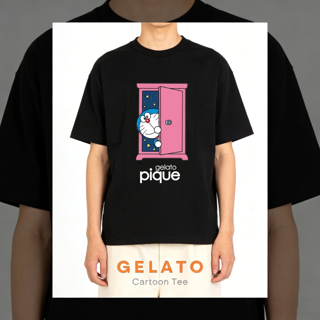 Gelato Pique Official Store Kaos oblong dengan motif kartun Doraemon Pintu, Kaos Unisex, Kaos Distro