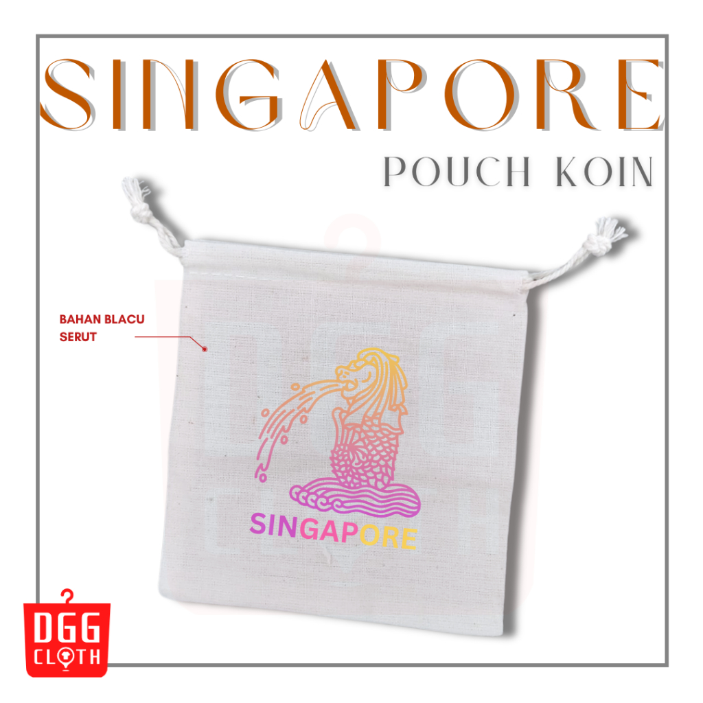 DGGCloth Pouch Koin Souvenir Singapore Dompet Koin Oleh Oleh Singapura Bahan Blacu Tali Serut Type 1