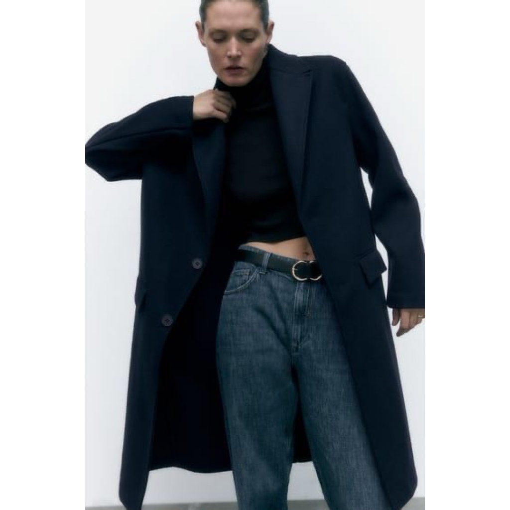 ZARA - Wool Blend Oversized Navy Coat Size S