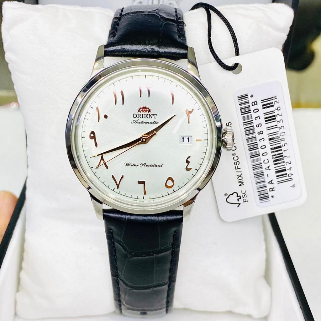 ORIGINAL Jam Tangan Pria Orient Bambino RA-AC0038S Automatic White Arabic Dial Black Leather Strap
