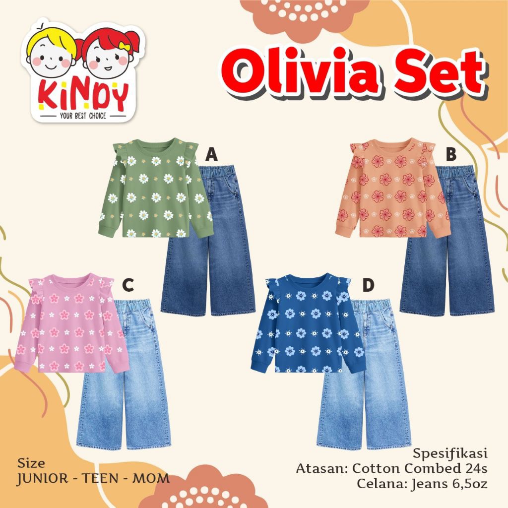 [ OLIVIA SET ] By KINDY Setelan anak kaos dan celana jeans baju setelan anak kaos lengan panjang baj