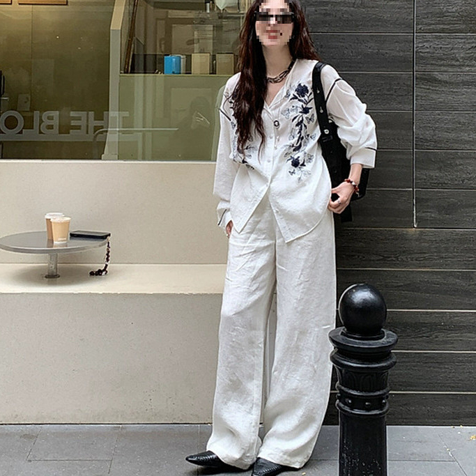 Kemeja renda untuk wanita, kerah bulat, lengan panjang, atasan cardigan longgar.