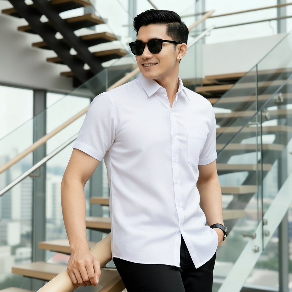 Tangiowild Kemeja Pria Polos Lengan Pendek Tekstur 3D | Poshboy Leisure Shirt