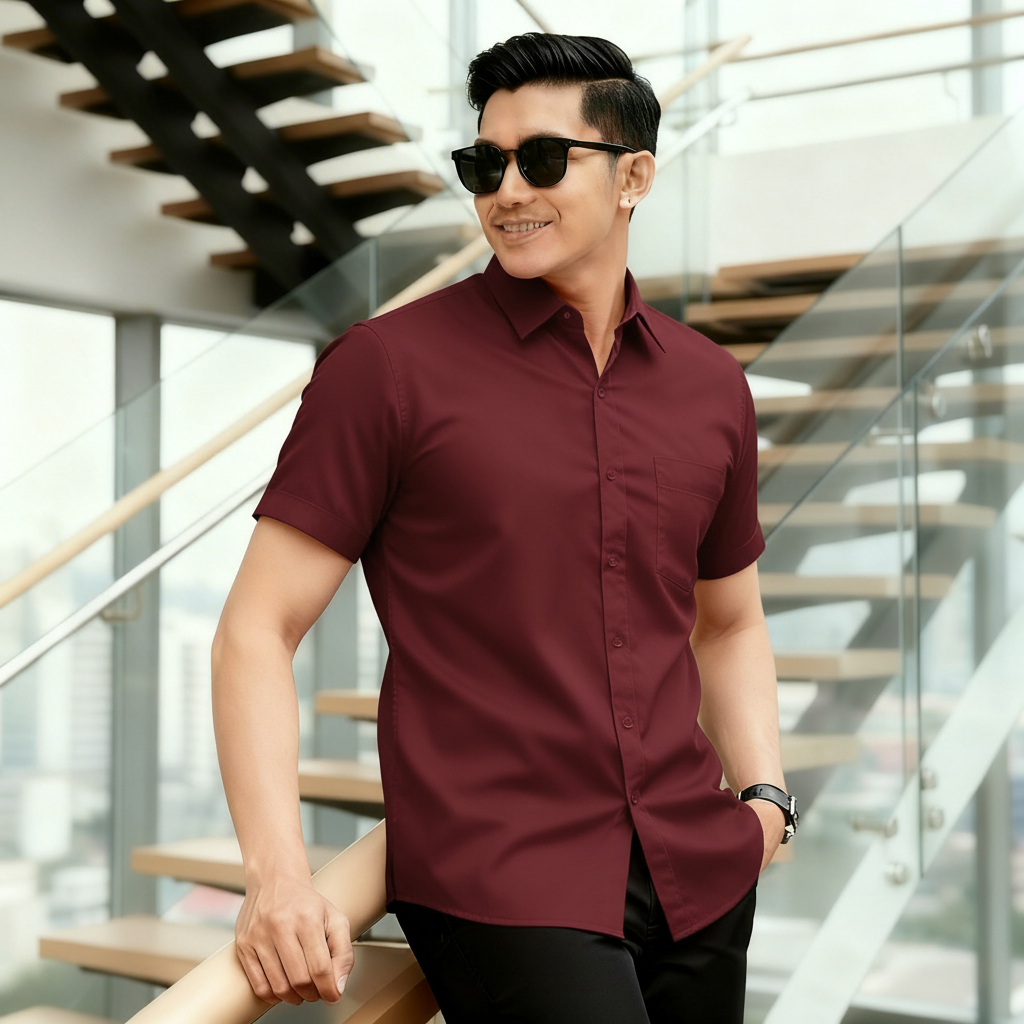 Tangiowild Kemeja Pria Polos Lengan Pendek Tekstur 3D | Poshboy Leisure Shirt