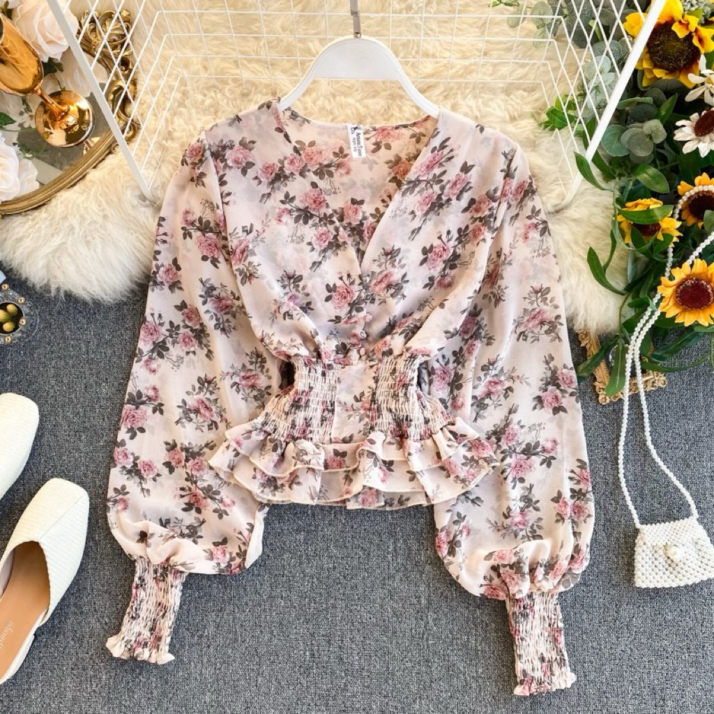 ‼️ NEW  &  INSTANT AVAILABLE ‼️ FLORAL PINK COQUETTE  MILKMAID TOP CHIFFON PRINTING #TOP