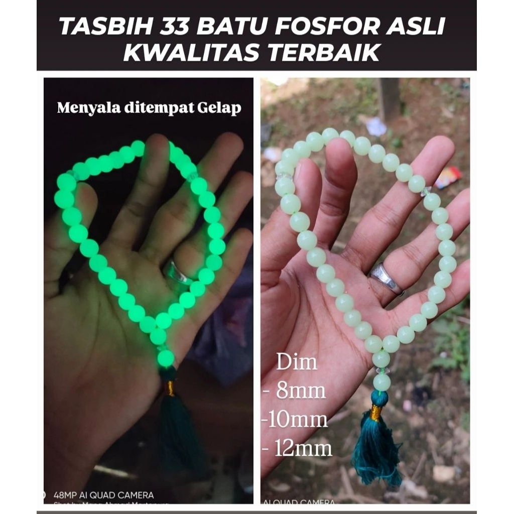 Tasbih 33 butir Batu Fosfor Nyala - 8mm 10mm 12mm Stone Fosfor Fosfat Nyala Original