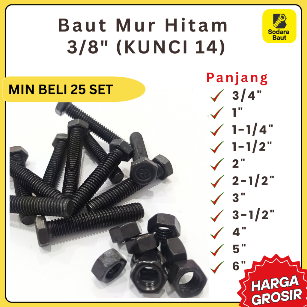 Baut 3/8 Hitam Kepala Kunci 14 Drat Kasar