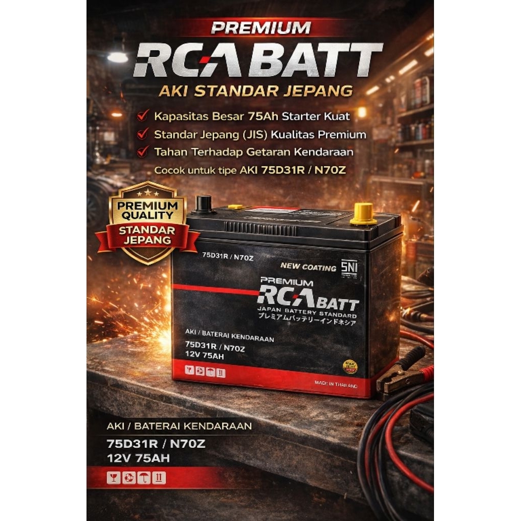 Aki Mobil RCA BATT Premium 75D31R N70Z 12V 75Ah Standar Jepang Aki Mobil Starter Kuat Aki Basah