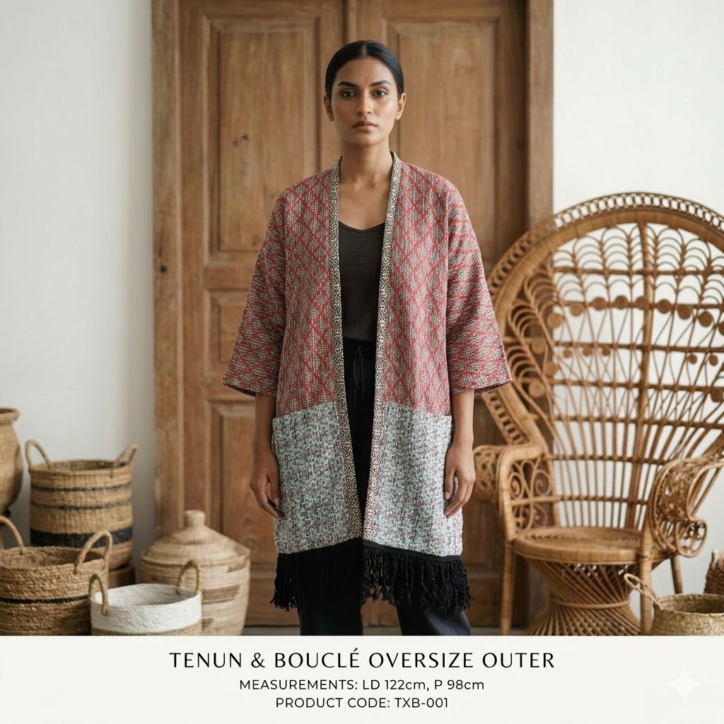 Outer Wanita Tenun Motif Etnik Oversize Cardigan Panjang Lengan