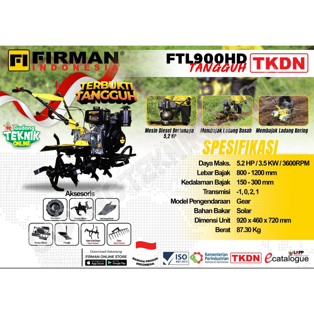FIRMAN Mesin Traktor Mini Cultivator FIRMAN FTL900HD TKDN / Mesin Bajak Sawah Basah Kering Tiller Cu