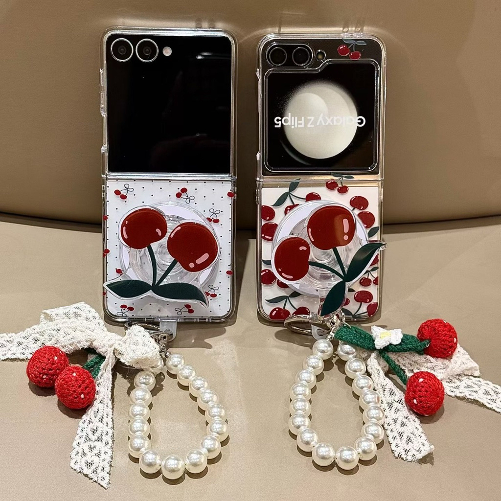 Case Samsung Zflip Magsafe Cherry Popsocket Magnetic With Chain Strap Gantungan Imut TPU Casing Hp F