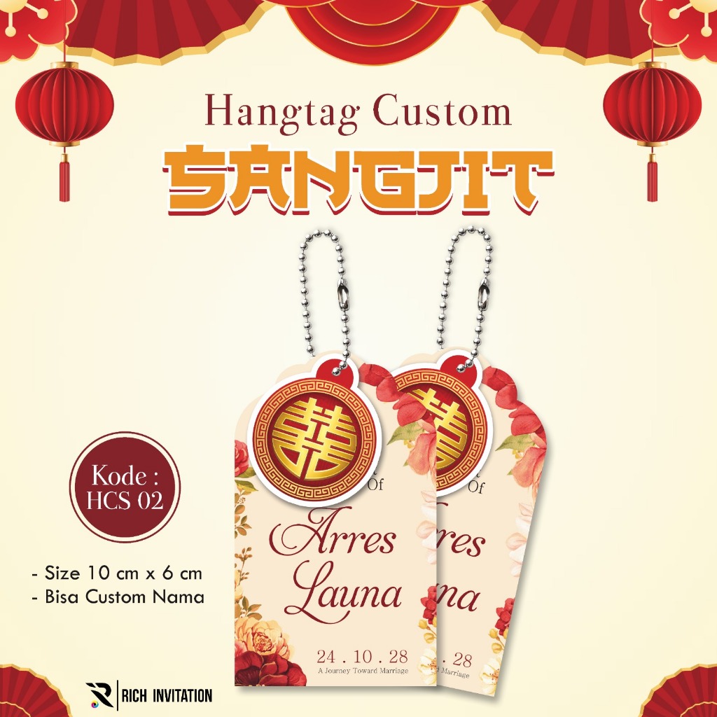 Cetak Hang Tag Sangjit Custom Nama Tag Card Souvenir Lamaran Chinese Wedding Eksklusif Desain Elegan