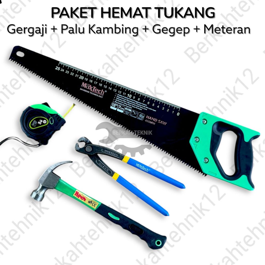 Paket Gergaji Kayu Gagang Fiber Lapis Karet 18 inch / Gergaji Tukang Graji Murah Meteran Karet Palu 