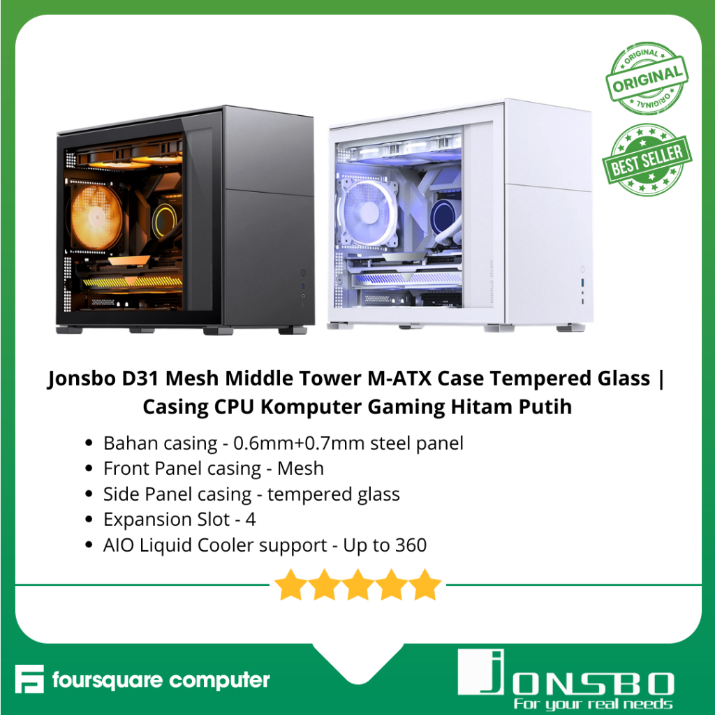 Jonsbo D31 Mesh Middle Tower M-ATX Case Tempered Glass | Casing CPU Komputer Gaming Hitam Putih