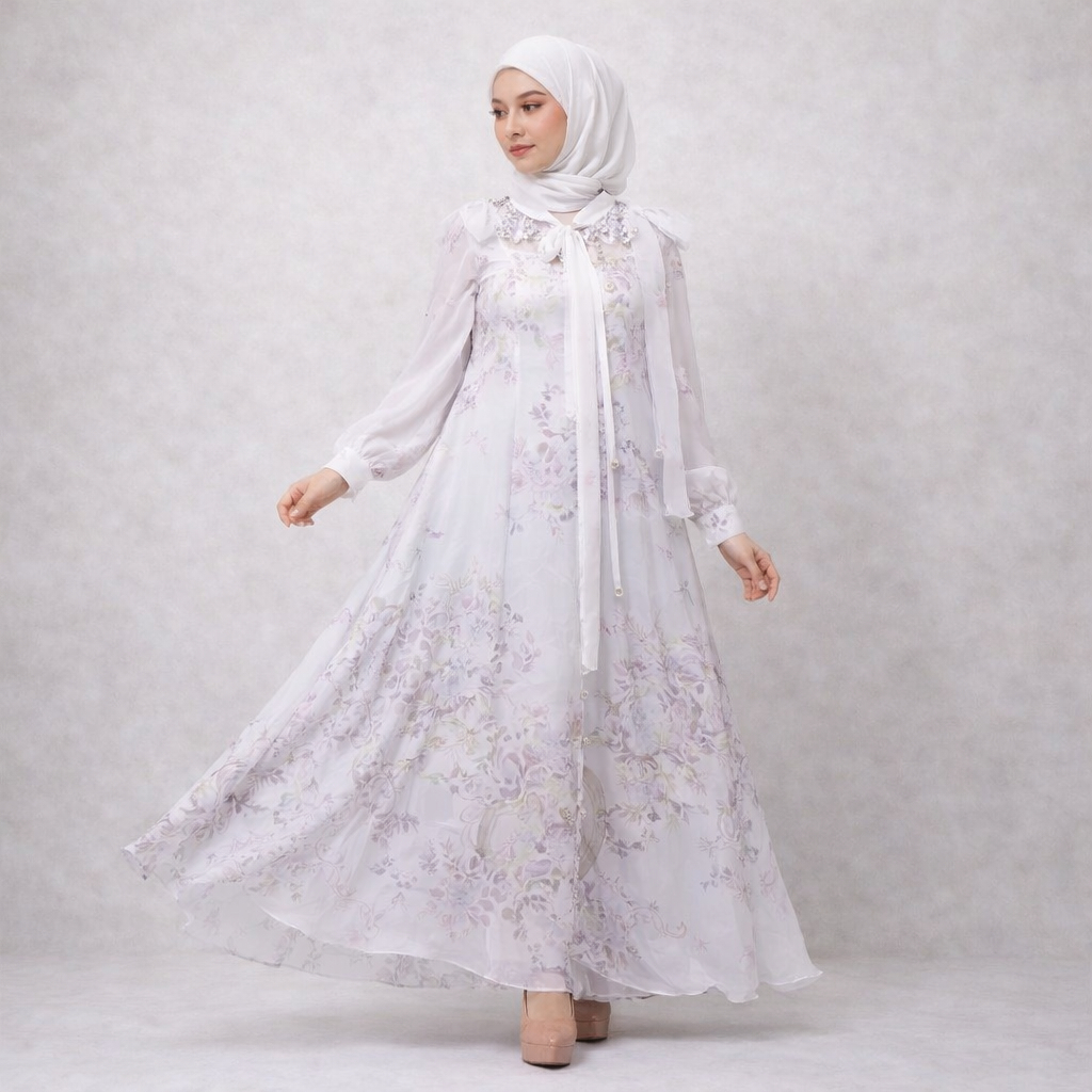 Gamis Amira Organdi Premium + Hijab | Warna Sage & Putih | LD 108 cm | PJ 140 cm