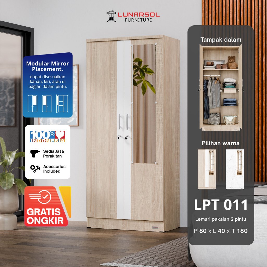 Lemari Pakaian 2 Pintu Cermin Lunarsol LPT 011 - Wardrobe Minimalis Modern (80x180)