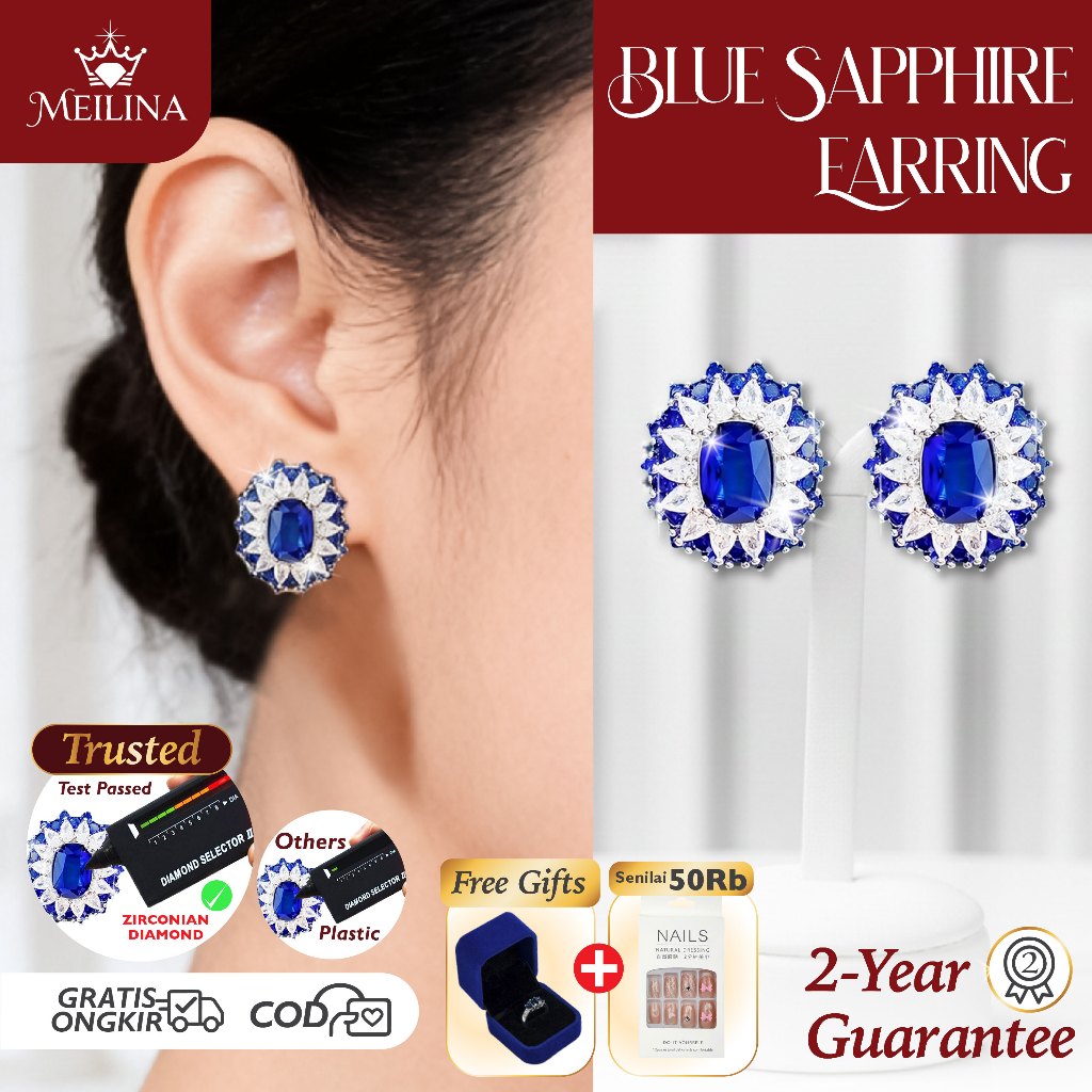 (FREE BOX) MEILINA Anting Batu Blue Safir Anting Wanita Zirconia Premium Luxury Earrings Blue Safir
