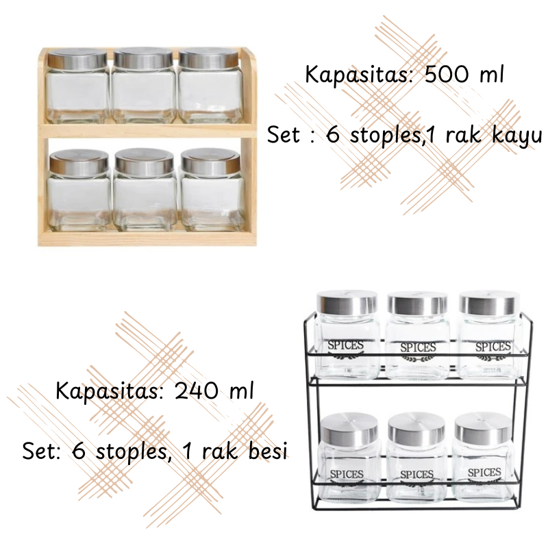 Toples kaca minimalis set 6pcs toples makanan serbaguna 500ml plus rak WEO IF3752