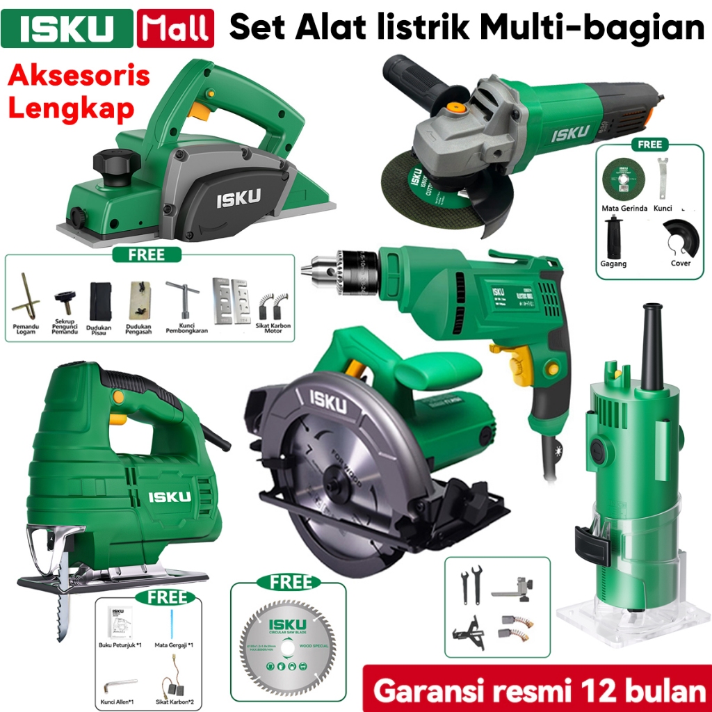 ISKU Paket Power Tools Set Komplit-Mesin Bor Listrik 700W/Gerinda Tangan 500W/Mesin Serut Kayu Plane