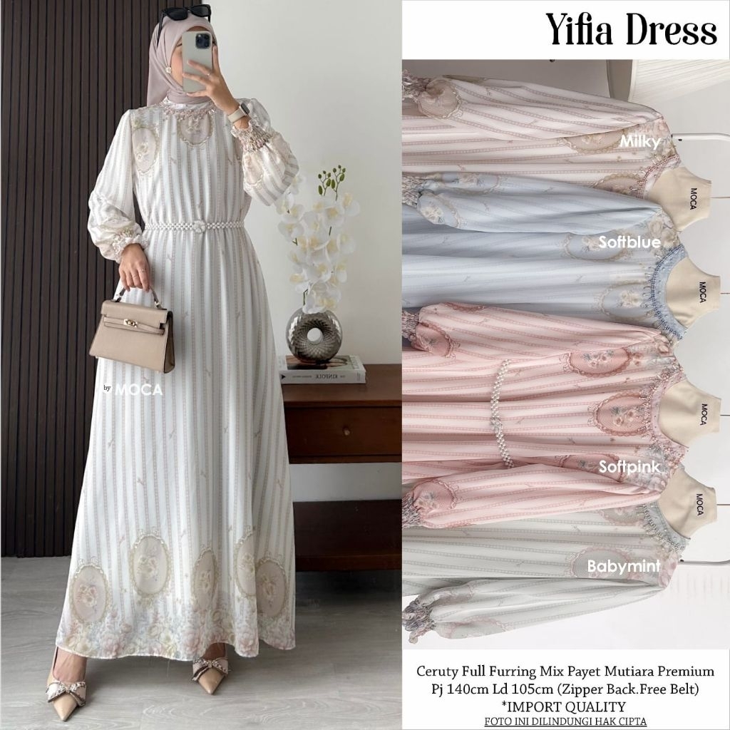 Yifia Dress Ceruty full furing mix payet Mutiara free belt Premium Wanita