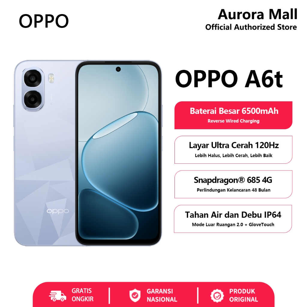 OPPO A6t 4/128GB (4GB+4GB Extended RAM) 6500mAh Baterai Official Store HP Android Murah Terbaru 2026
